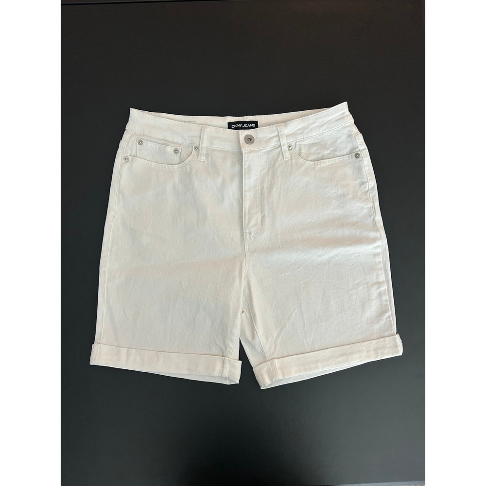 DKNY Jeans Womens White Denim Bermuda Shorts Cuffed High Rise Size 10 (1378)